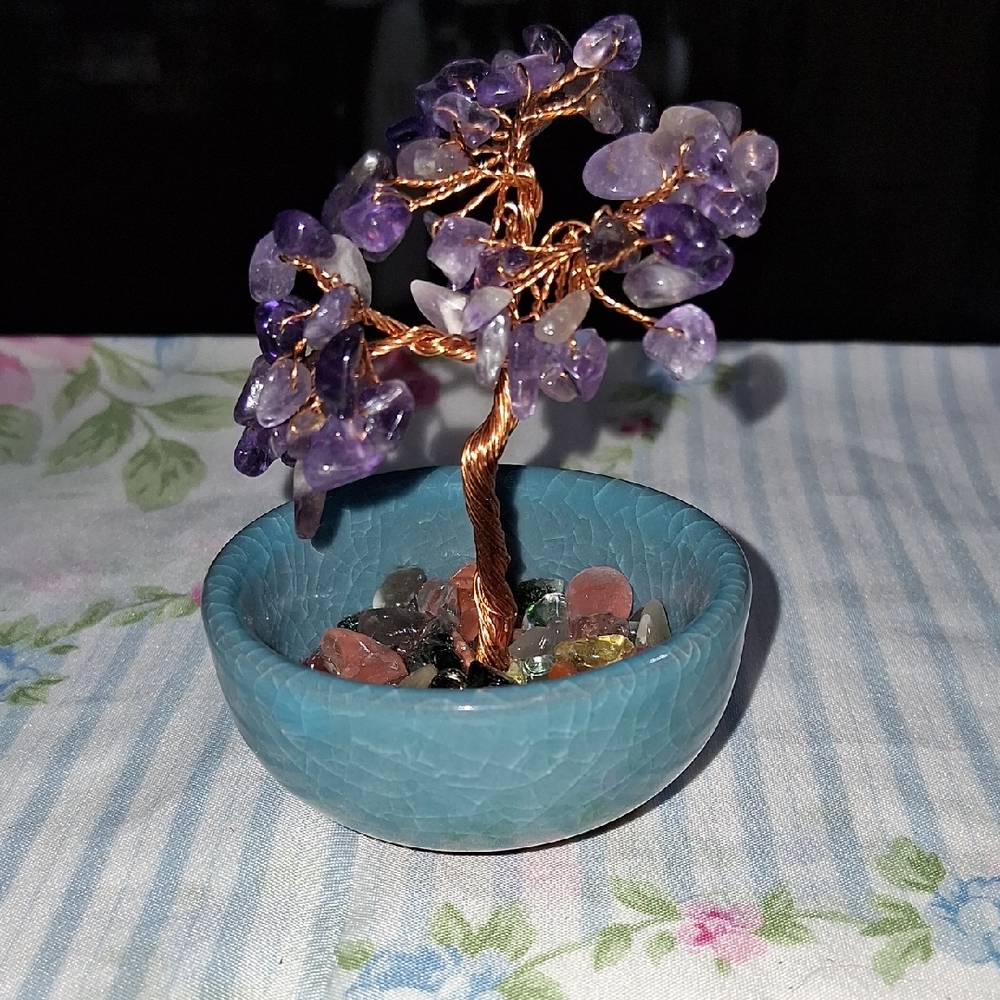 Amethyst Gemstone Tree in Blue Ceramic Bowl